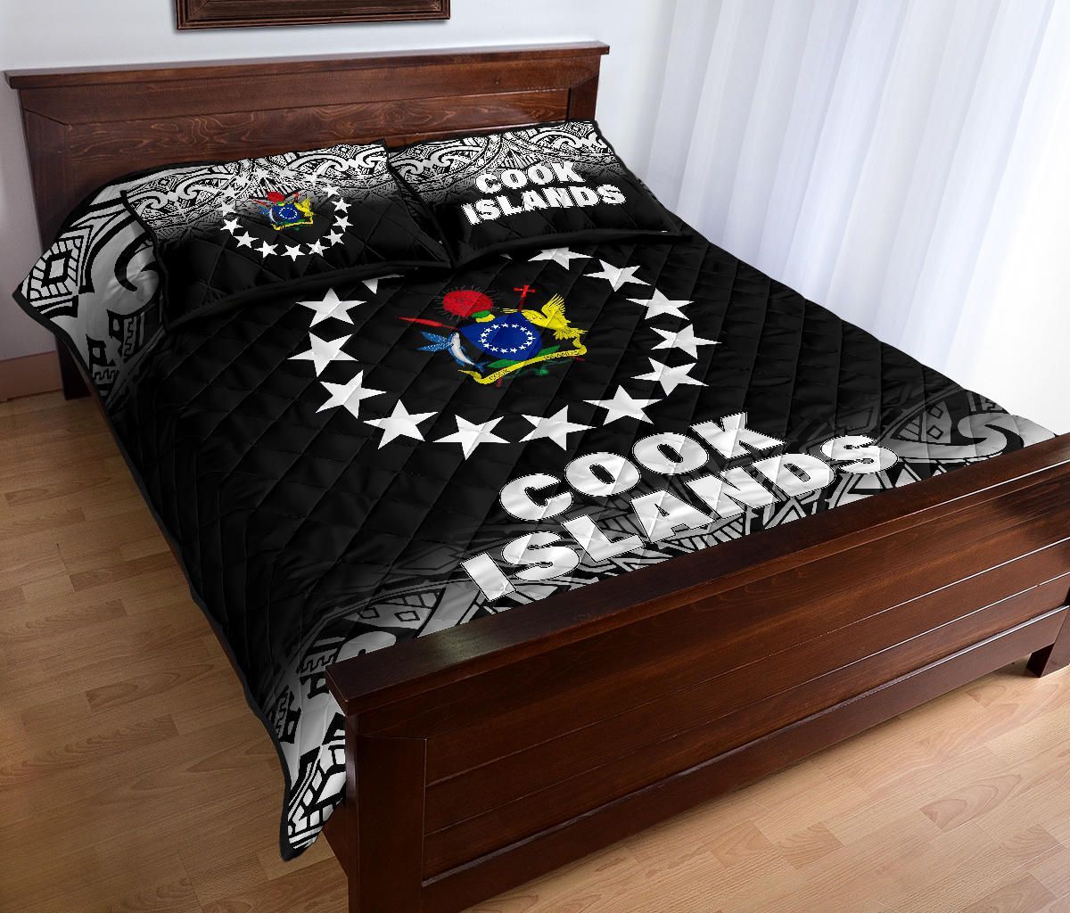Cook Islands Quilt Bed Set - Cook Islands Flag Coat Of Arms Polynesian Tattoo Black Fog Style