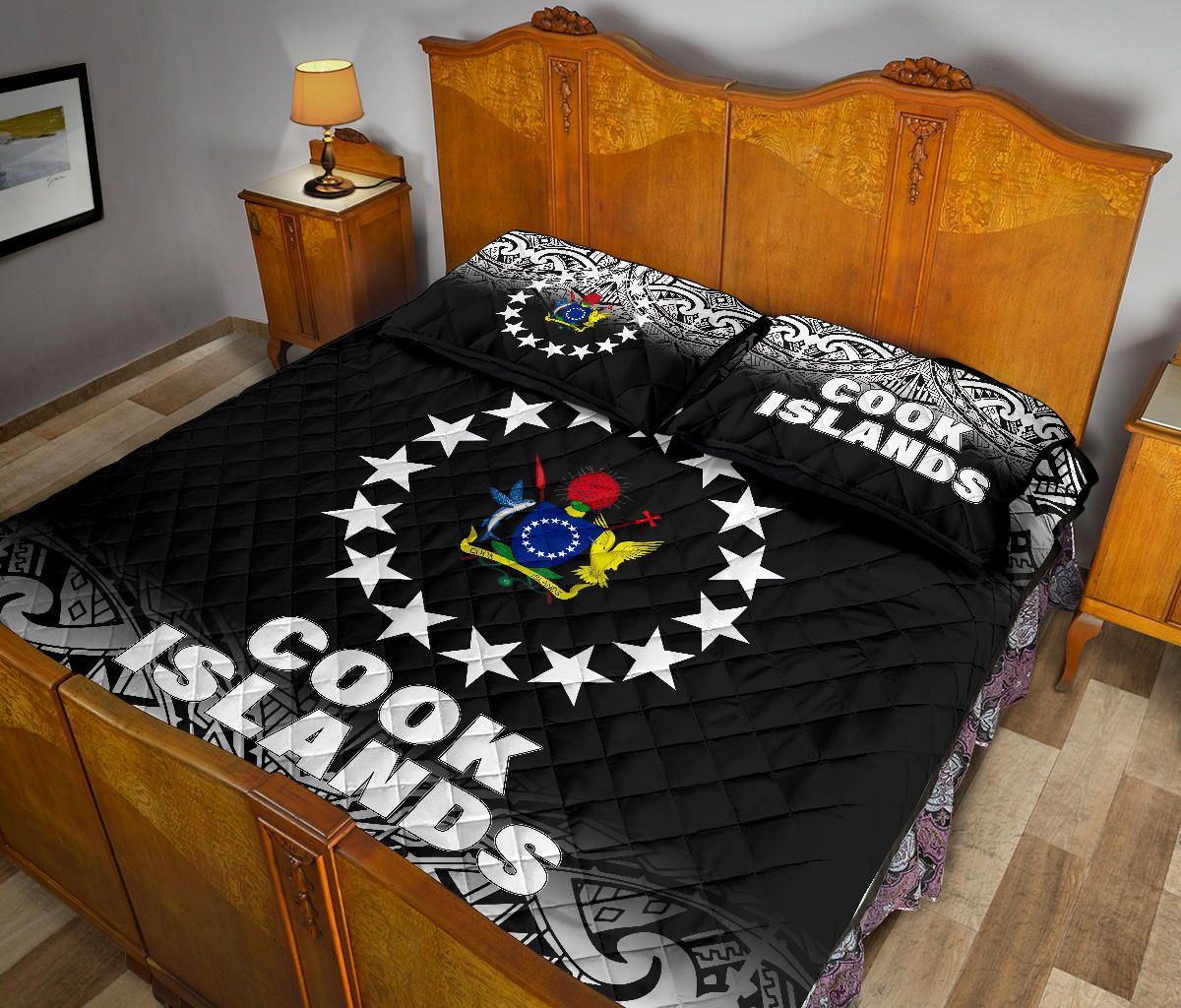 Cook Islands Quilt Bed Set - Cook Islands Flag Coat Of Arms Polynesian Tattoo Black Fog Style