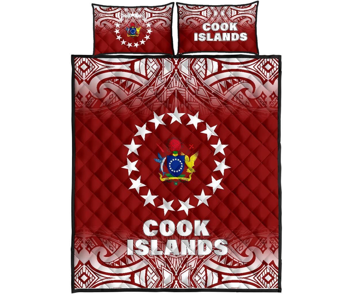 Cook Islands Quilt Bed Set - Cook Islands Flag Coat Of Arms Polynesian Tattoo Red Fog Style