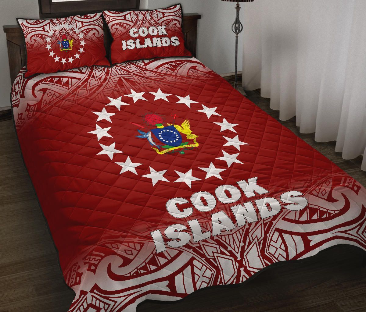 Cook Islands Quilt Bed Set - Cook Islands Flag Coat Of Arms Polynesian Tattoo Red Fog Style