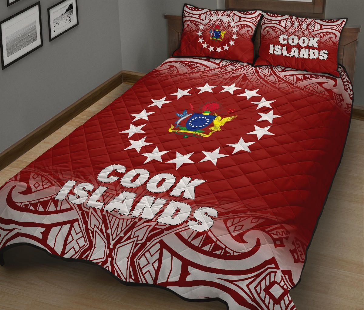 Cook Islands Quilt Bed Set - Cook Islands Flag Coat Of Arms Polynesian Tattoo Red Fog Style