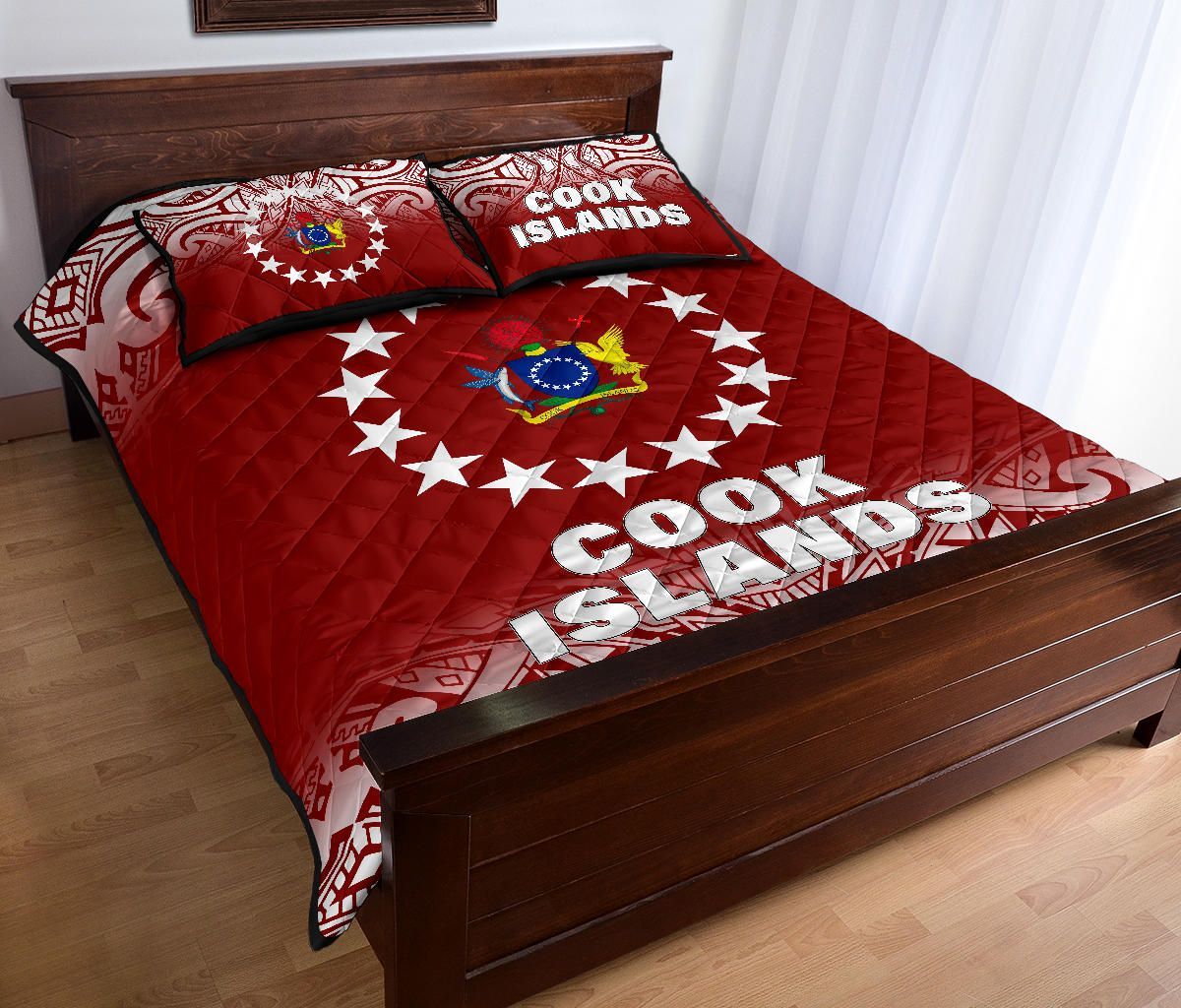 Cook Islands Quilt Bed Set - Cook Islands Flag Coat Of Arms Polynesian Tattoo Red Fog Style
