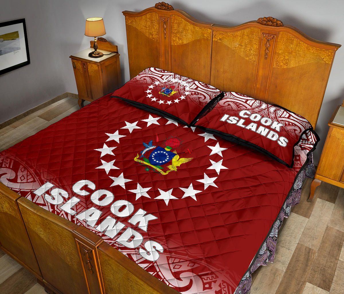 Cook Islands Quilt Bed Set - Cook Islands Flag Coat Of Arms Polynesian Tattoo Red Fog Style