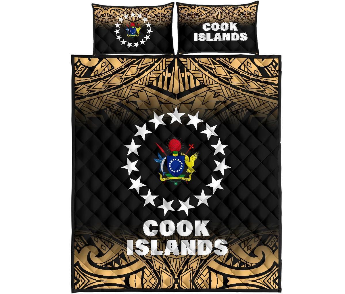 Cook Islands Quilt Bed Set - Cook Islands Flag Coat Of Arms Polynesian Tattoo Black Fog Style