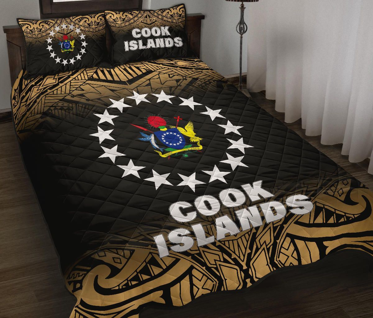 Cook Islands Quilt Bed Set - Cook Islands Flag Coat Of Arms Polynesian Tattoo Black Fog Style