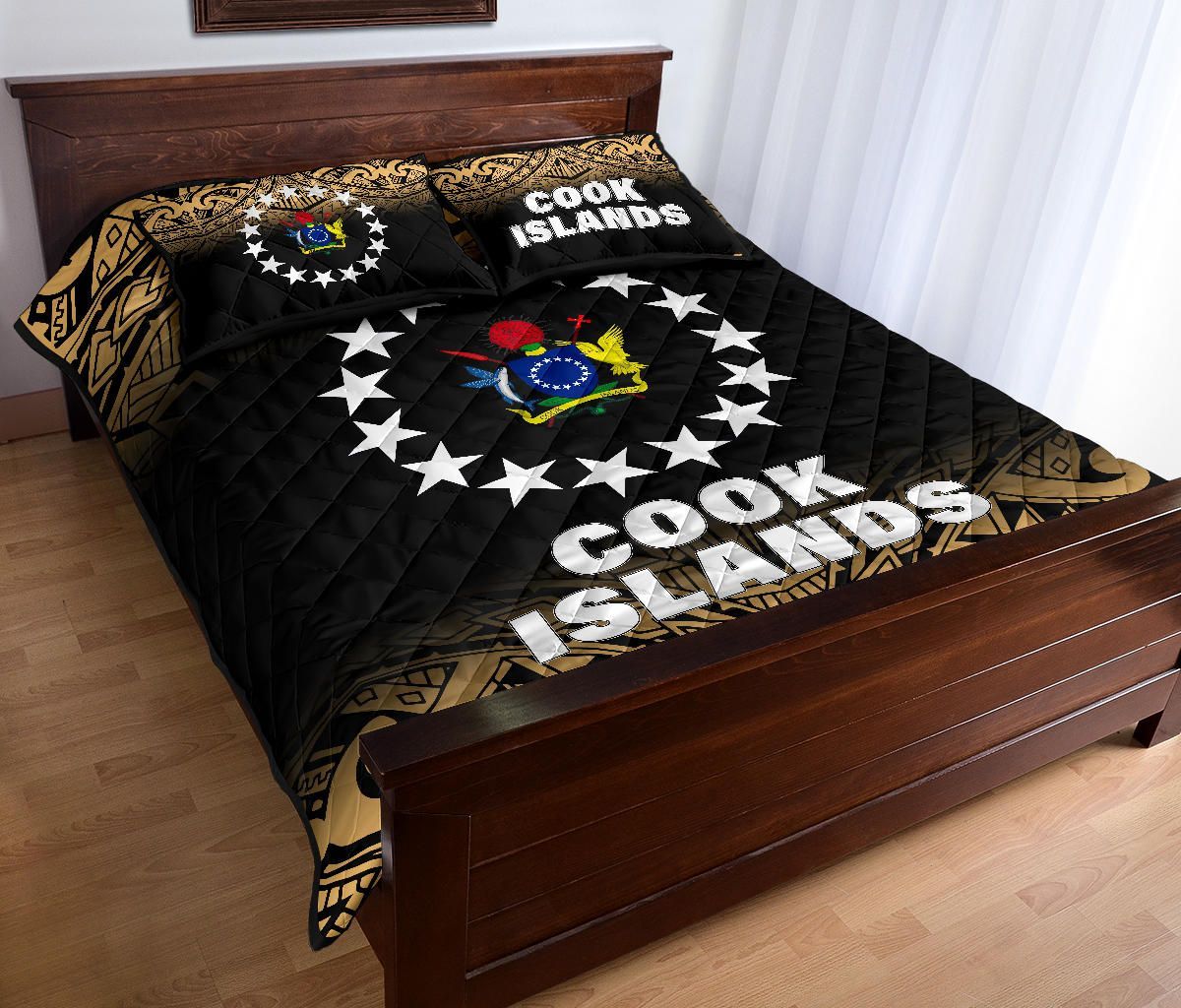 Cook Islands Quilt Bed Set - Cook Islands Flag Coat Of Arms Polynesian Tattoo Black Fog Style