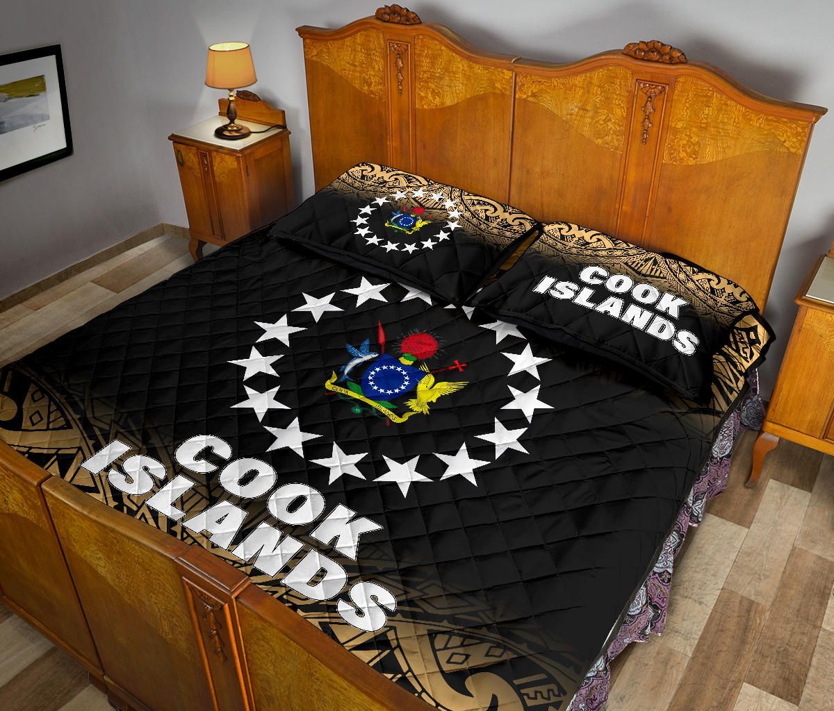Cook Islands Quilt Bed Set - Cook Islands Flag Coat Of Arms Polynesian Tattoo Black Fog Style