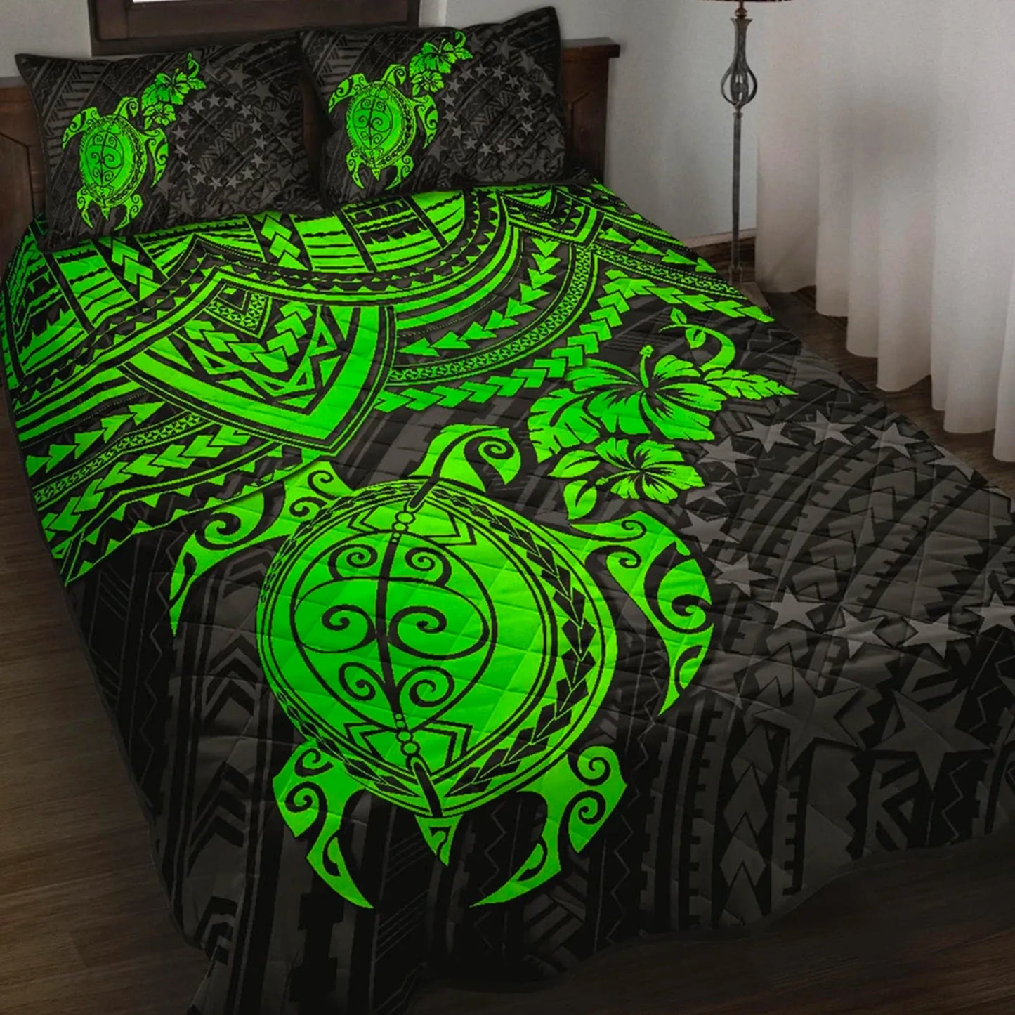 Cook Islands Polynesian Quilt Bed Set - Green Turtle