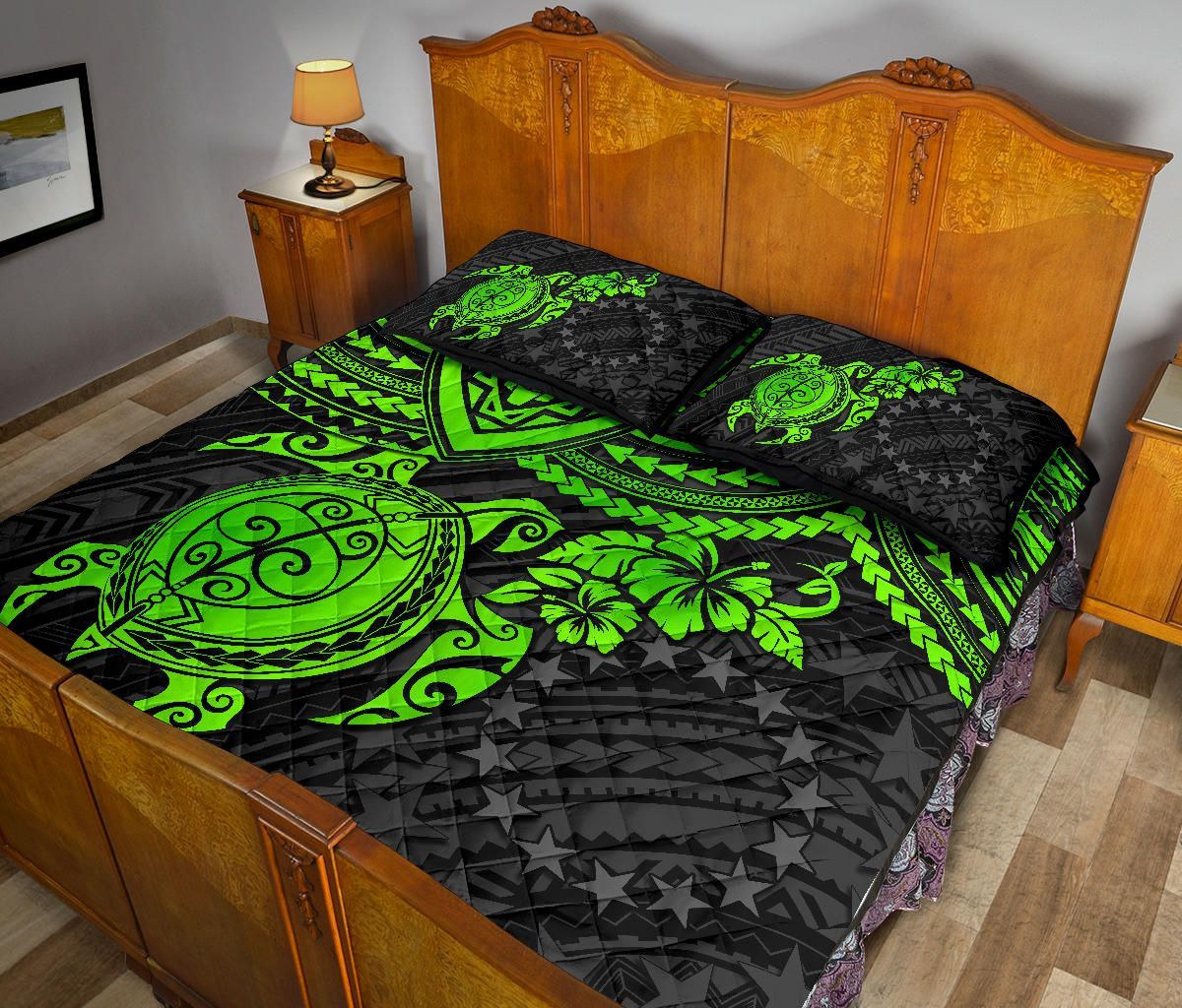 Cook Islands Polynesian Quilt Bed Set - Green Turtle