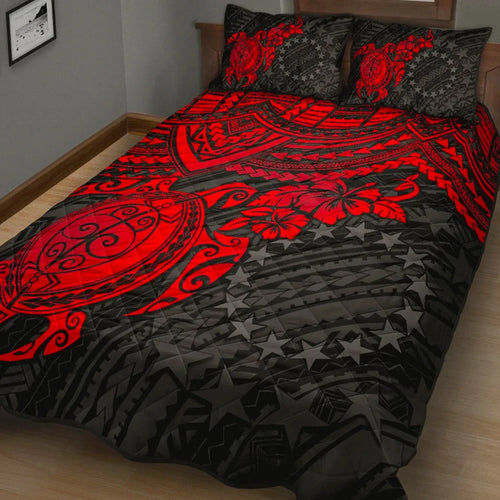 Cook Islands Polynesian Quilt Bed Set - Cook Islands Flag & Red Turtle Hibiscus