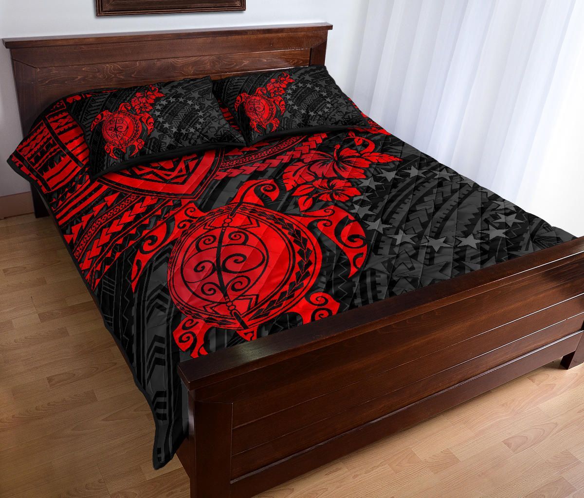 Cook Islands Polynesian Quilt Bed Set - Cook Islands Flag & Red Turtle Hibiscus