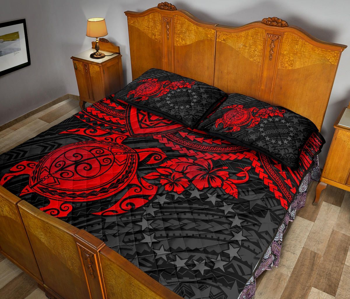 Cook Islands Polynesian Quilt Bed Set - Cook Islands Flag & Red Turtle Hibiscus