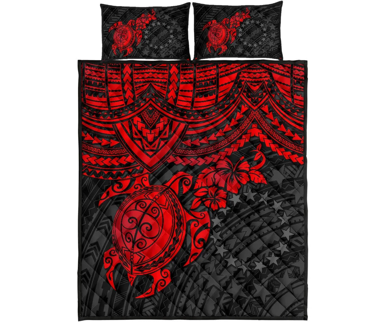 Cook Islands Polynesian Quilt Bed Set - Cook Islands Flag & Red Turtle Hibiscus