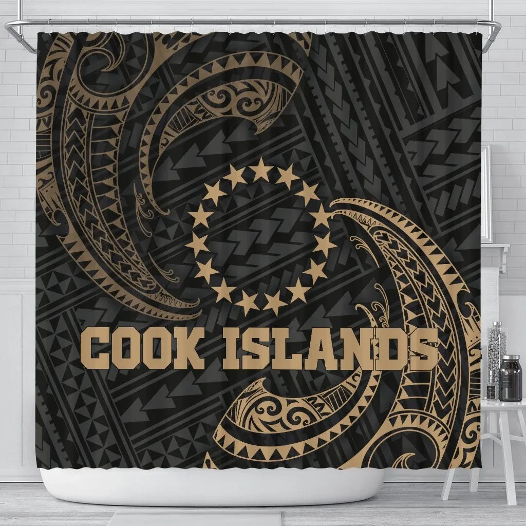 Cook Islands Polynesian Shower Curtain - Gold Tribal Wave