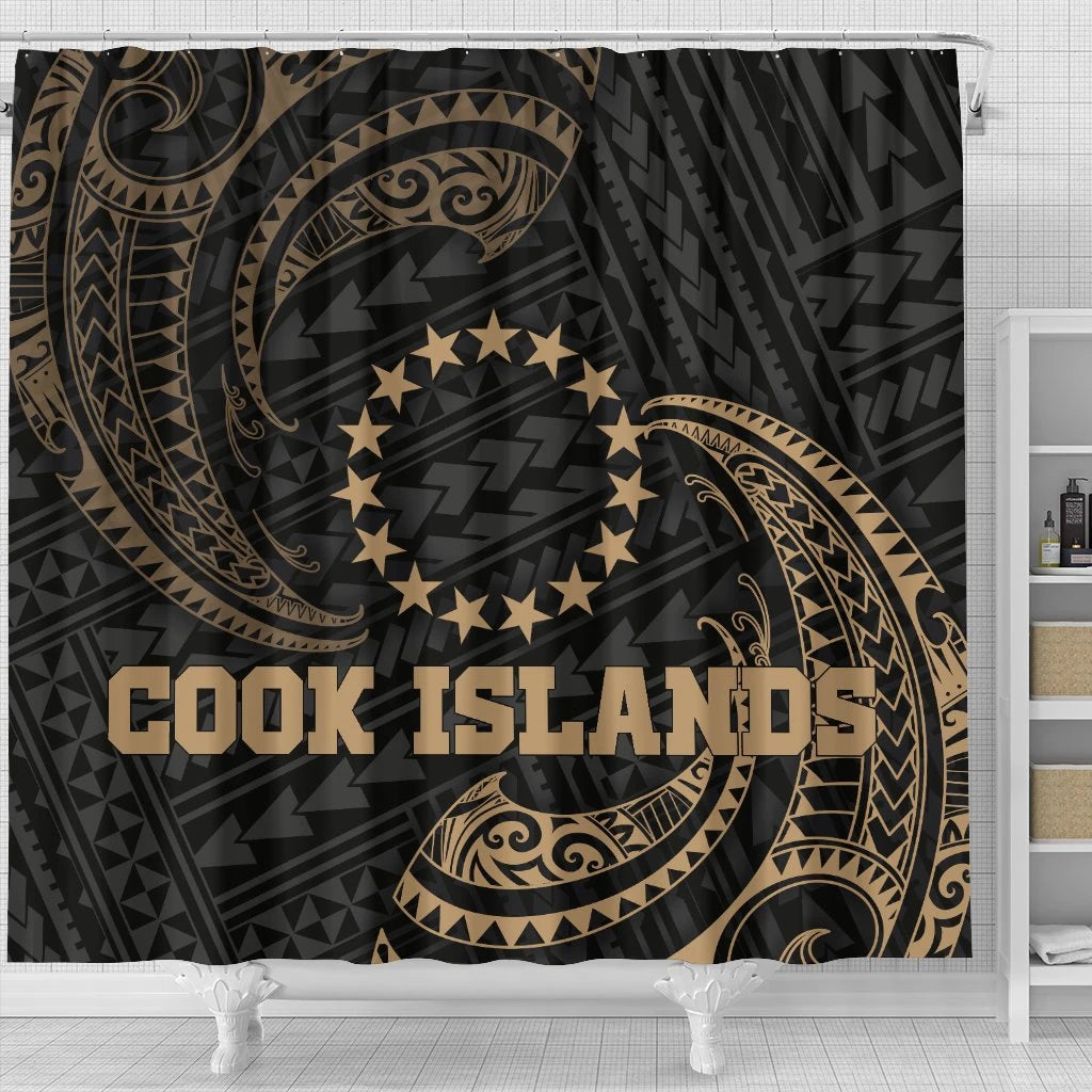 Cook Islands Polynesian Shower Curtain - Gold Tribal Wave
