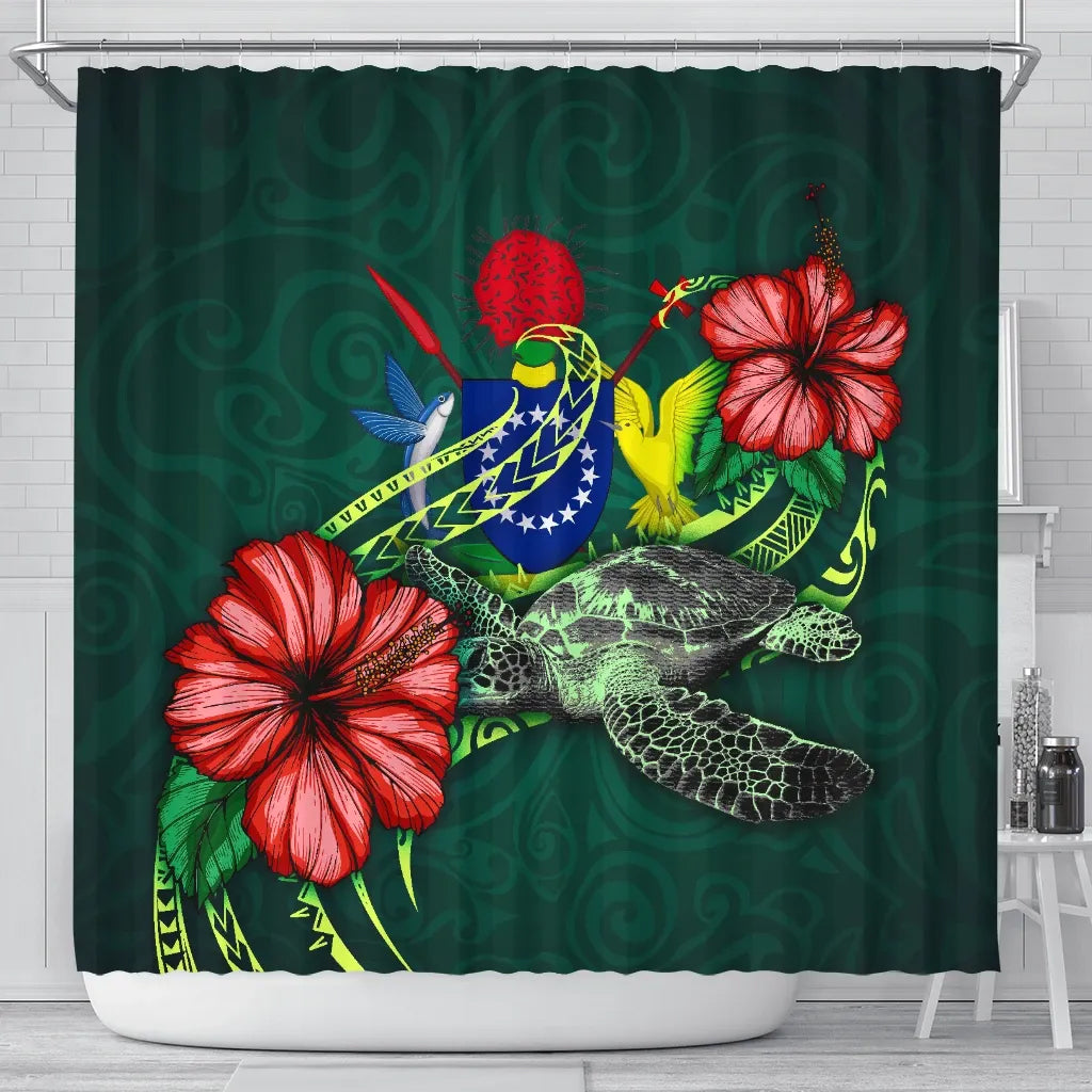 Cook Islands Polynesian Shower Curtain - Green Turtle Hibiscus