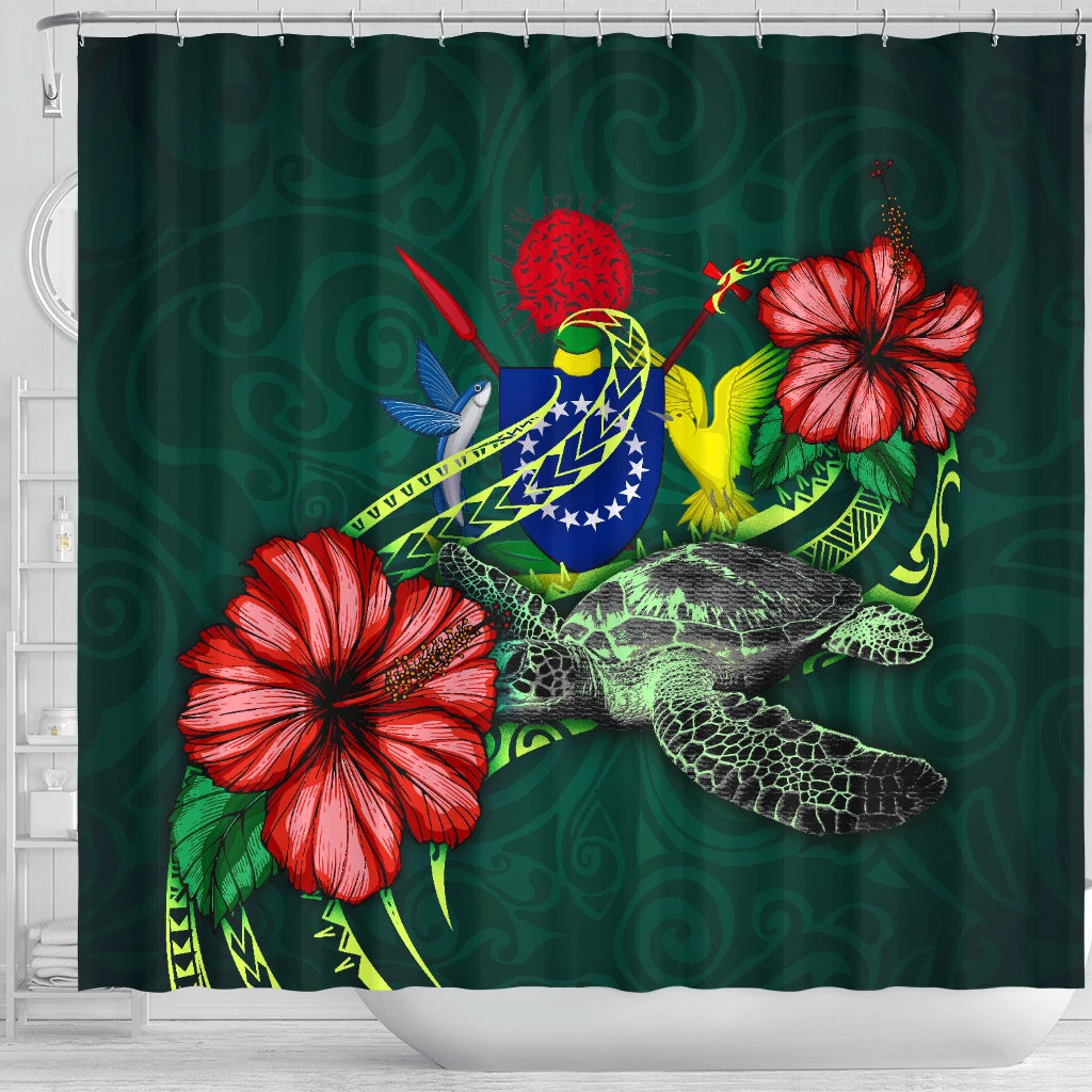 Cook Islands Polynesian Shower Curtain - Green Turtle Hibiscus