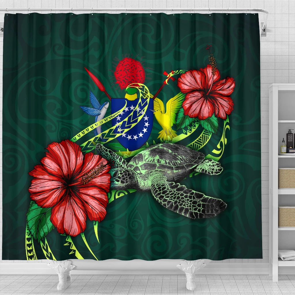 Cook Islands Polynesian Shower Curtain - Green Turtle Hibiscus
