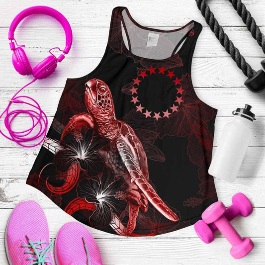 Cook Islands Polynesian Women Tank Top - Turtle With Blooming Hibiscus Red