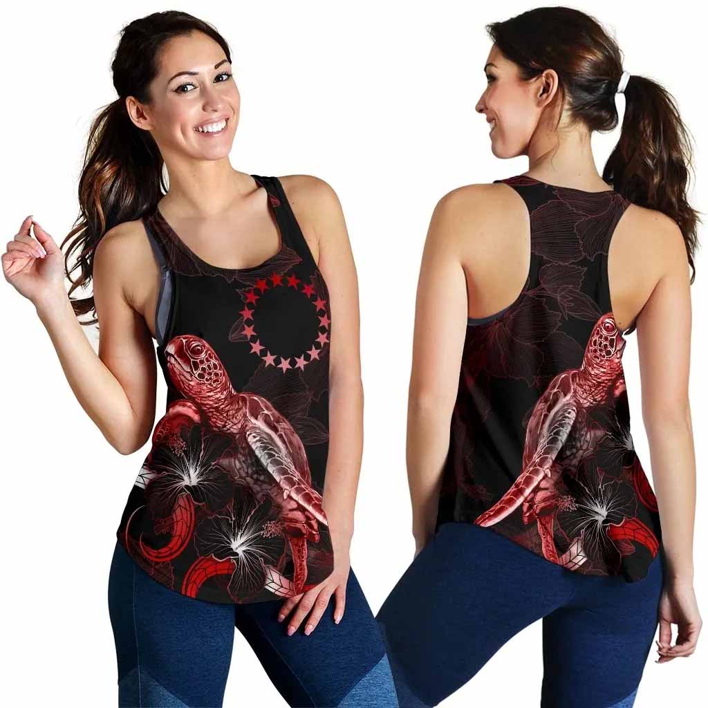 Cook Islands Polynesian Women Tank Top - Turtle With Blooming Hibiscus Red