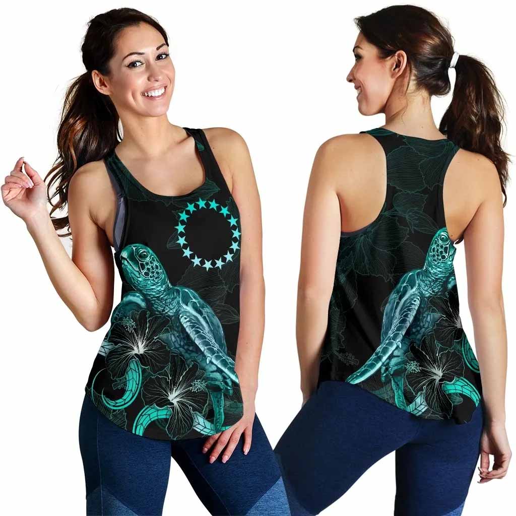 Cook Islands Polynesian Women Tank Top - Turtle With Blooming Hibiscus Turquoise