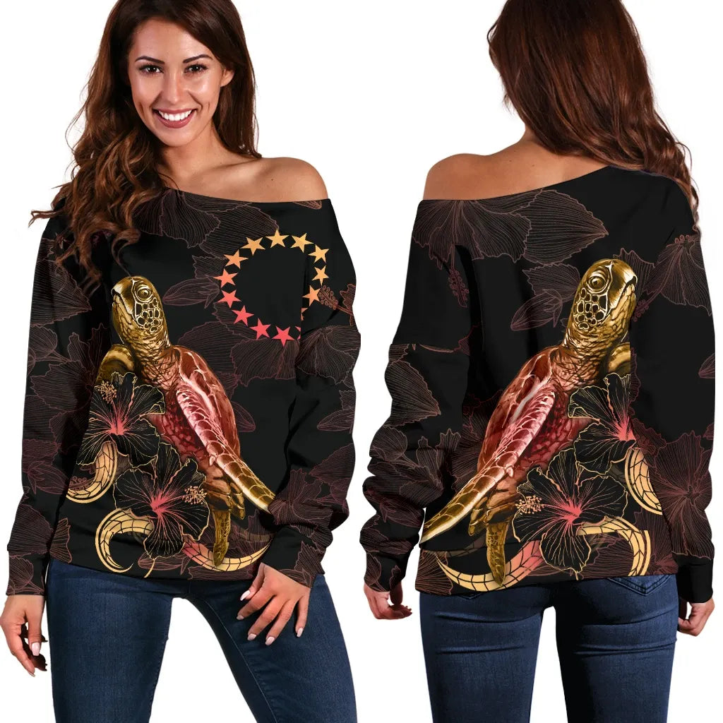 Cook Islands Polynesian Women Off Shoulder Sweater - Turtle With Blooming Hibiscus Gold