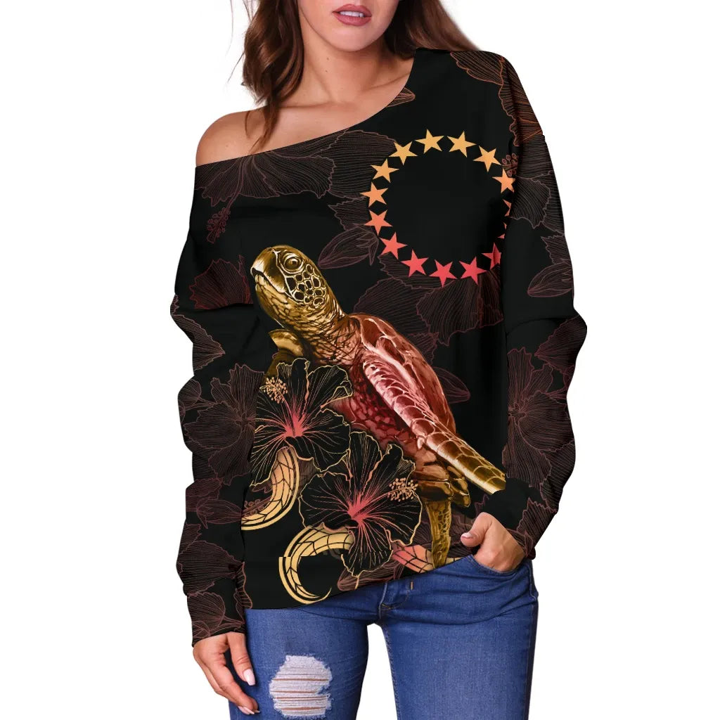 Cook Islands Polynesian Women Off Shoulder Sweater - Turtle With Blooming Hibiscus Gold