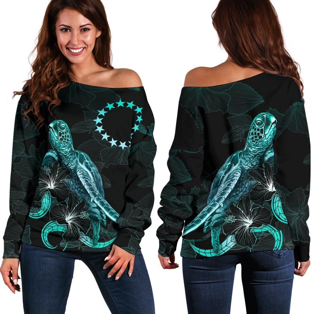Cook Islands Polynesian Women Off Shoulder Sweater - Turtle With Blooming Hibiscus Turquoise
