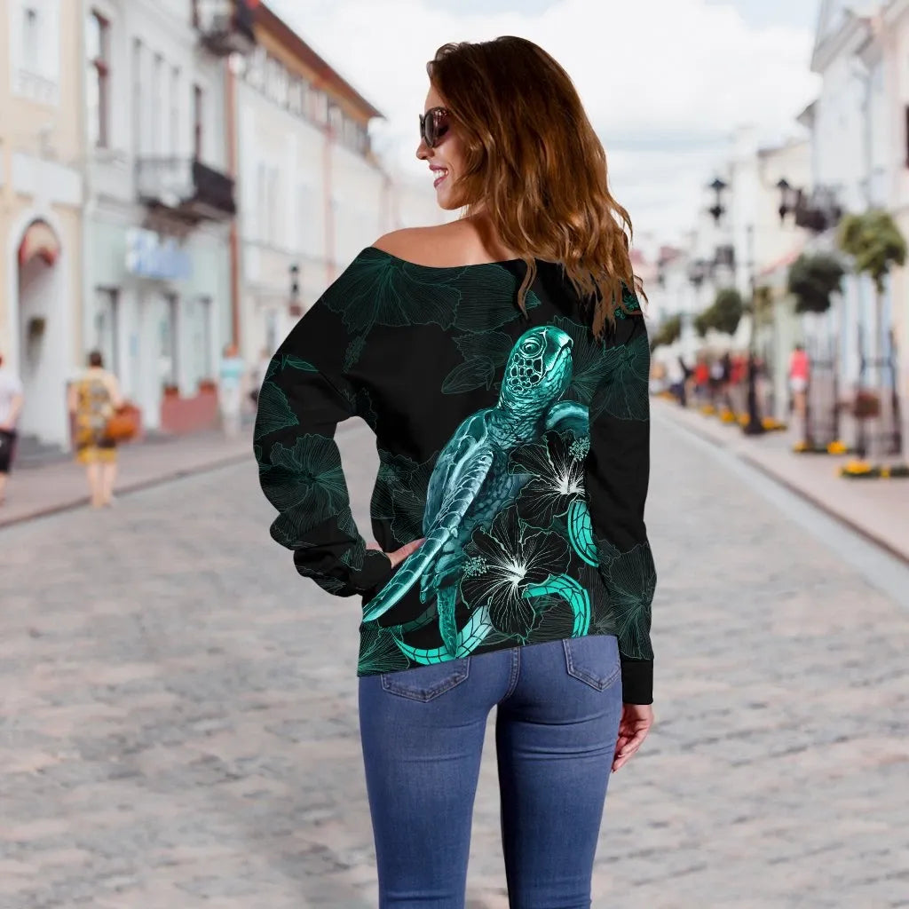 Cook Islands Polynesian Women Off Shoulder Sweater - Turtle With Blooming Hibiscus Turquoise