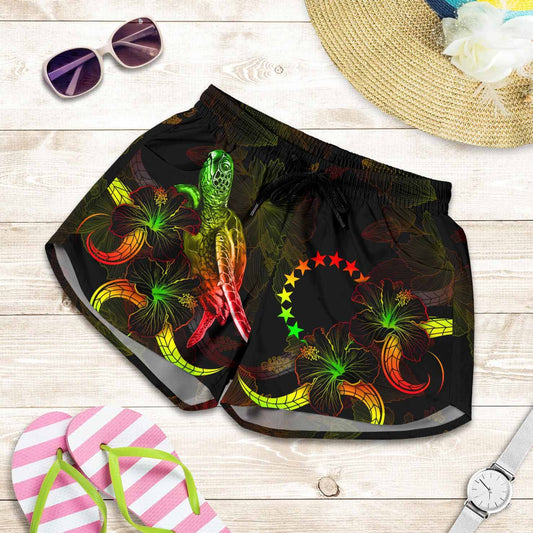 Cook Islands Polynesian Women Shorts - Turtle With Blooming Hibiscus Reggae