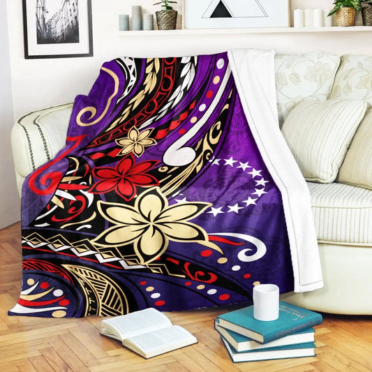 Cook Islands Premium Blanket - Tribal Flower With Special Turtles Purple Color