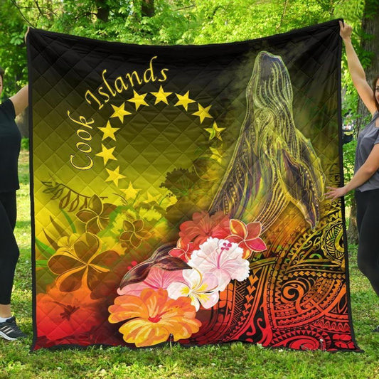 Cook Islands Premium Quilt - Humpback Whale with Tropical Flowers (Yellow)