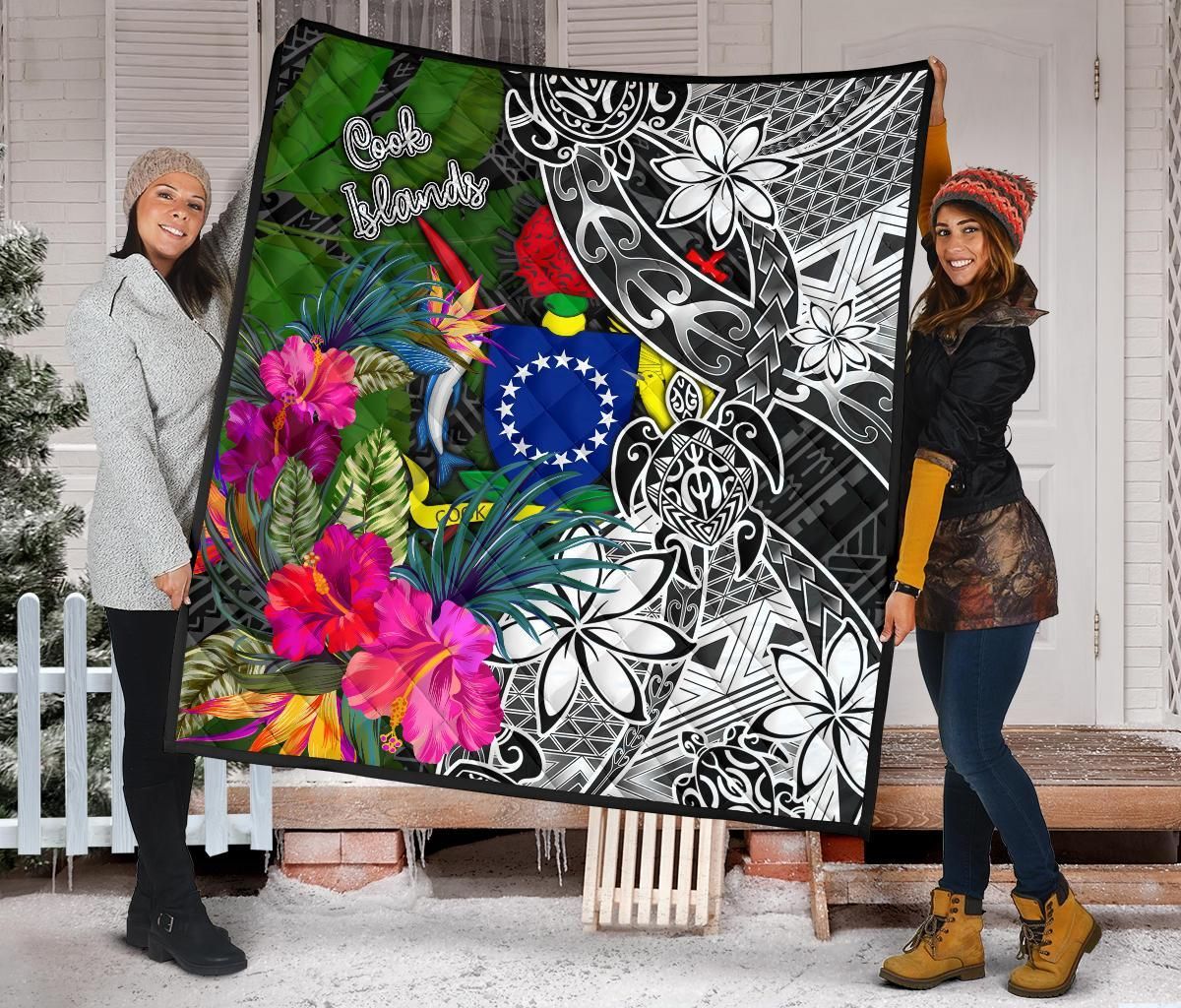 Cook Islands Premium Quilt - Turtle Plumeria Banana Leaf
