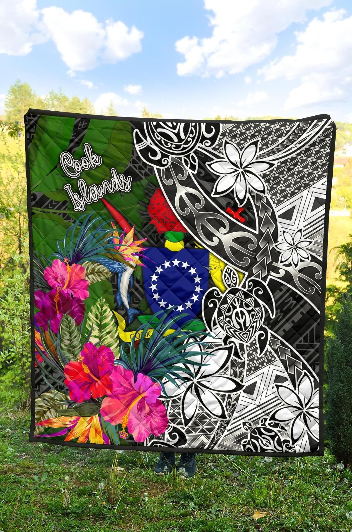 Cook Islands Premium Quilt - Turtle Plumeria Banana Leaf