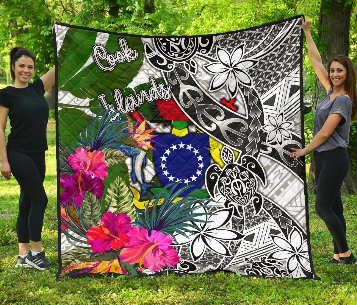 Cook Islands Premium Quilt White - Turtle Plumeria Banana Leaf