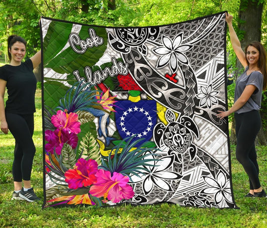 Cook Islands Premium Quilt White - Turtle Plumeria Banana Leaf