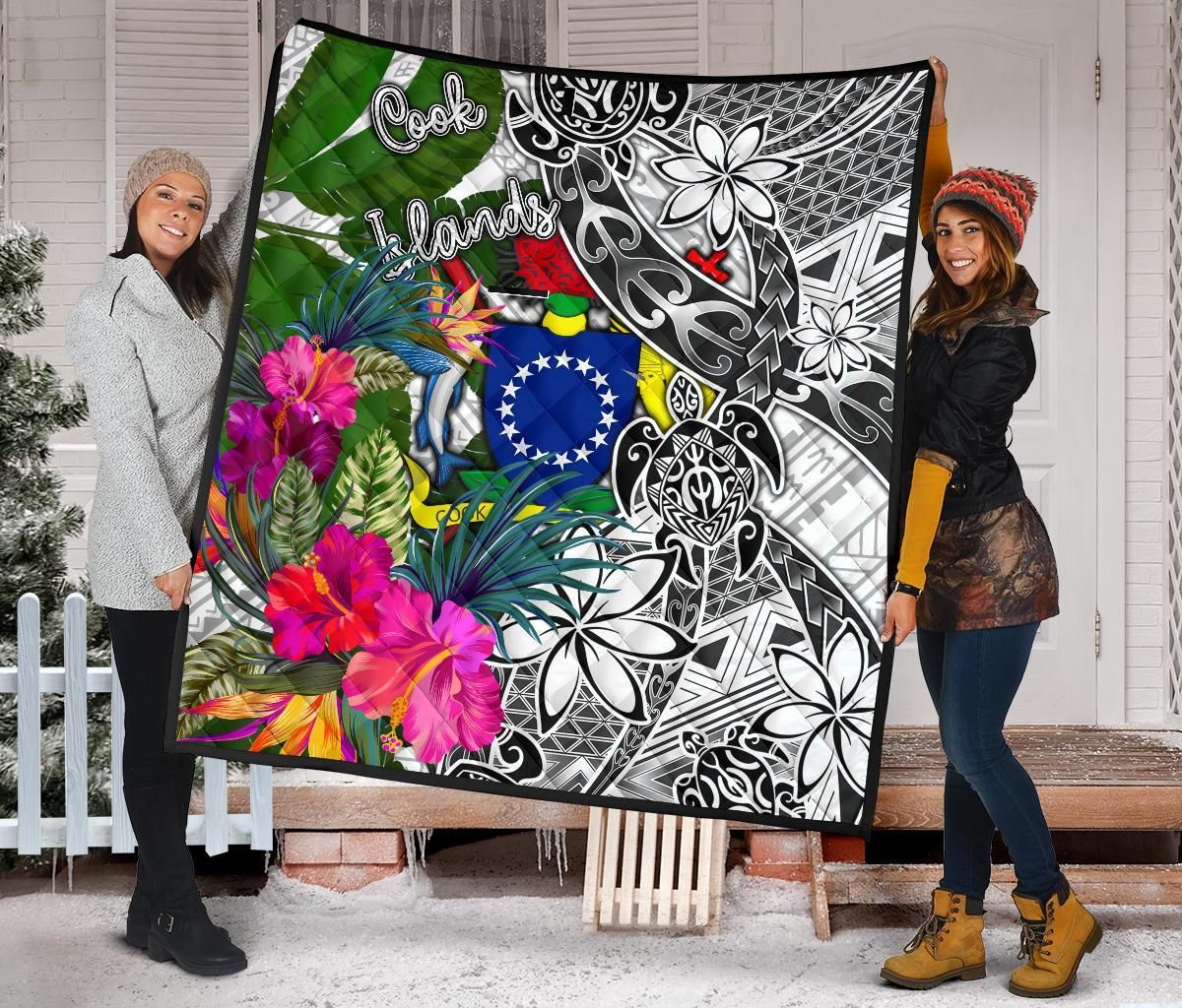 Cook Islands Premium Quilt White - Turtle Plumeria Banana Leaf