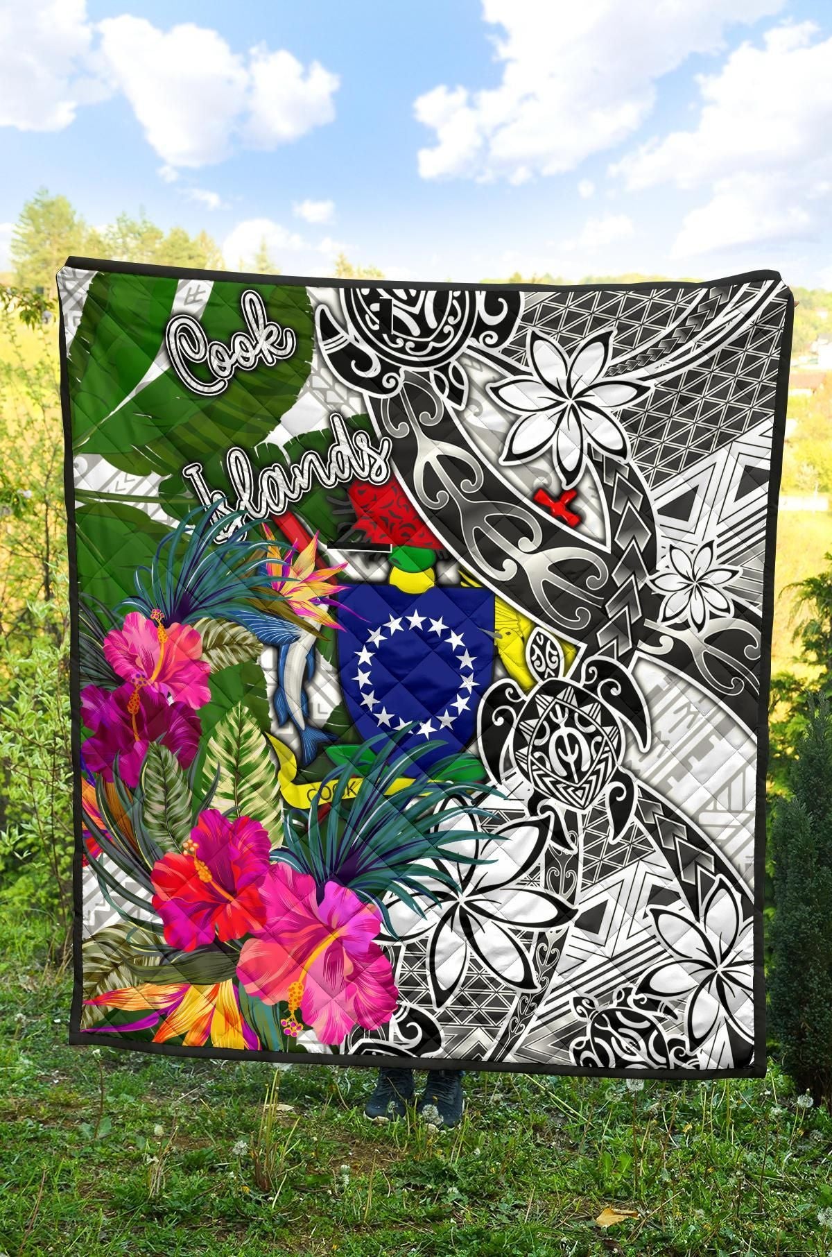Cook Islands Premium Quilt White - Turtle Plumeria Banana Leaf