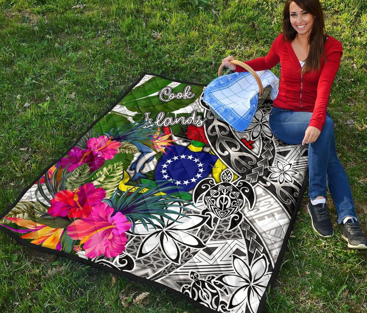 Cook Islands Premium Quilt White - Turtle Plumeria Banana Leaf