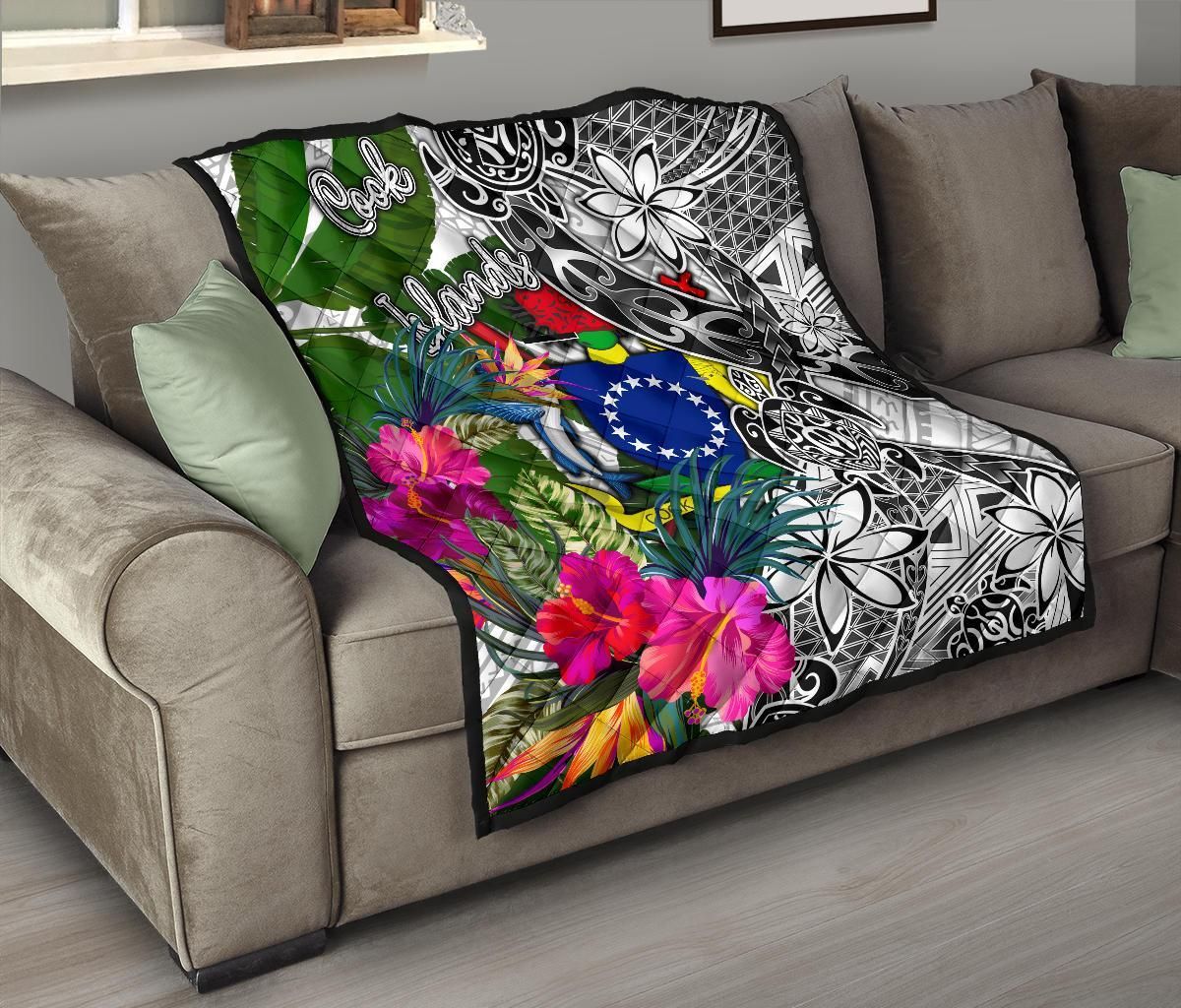Cook Islands Premium Quilt White - Turtle Plumeria Banana Leaf