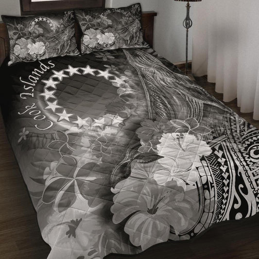 Cook Islands Quilt Bed Set - Humpback Whale with Tropical Flowers (White)