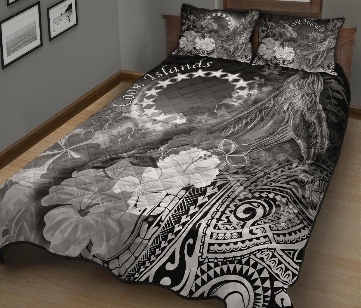 Cook Islands Quilt Bed Set - Humpback Whale with Tropical Flowers (White)