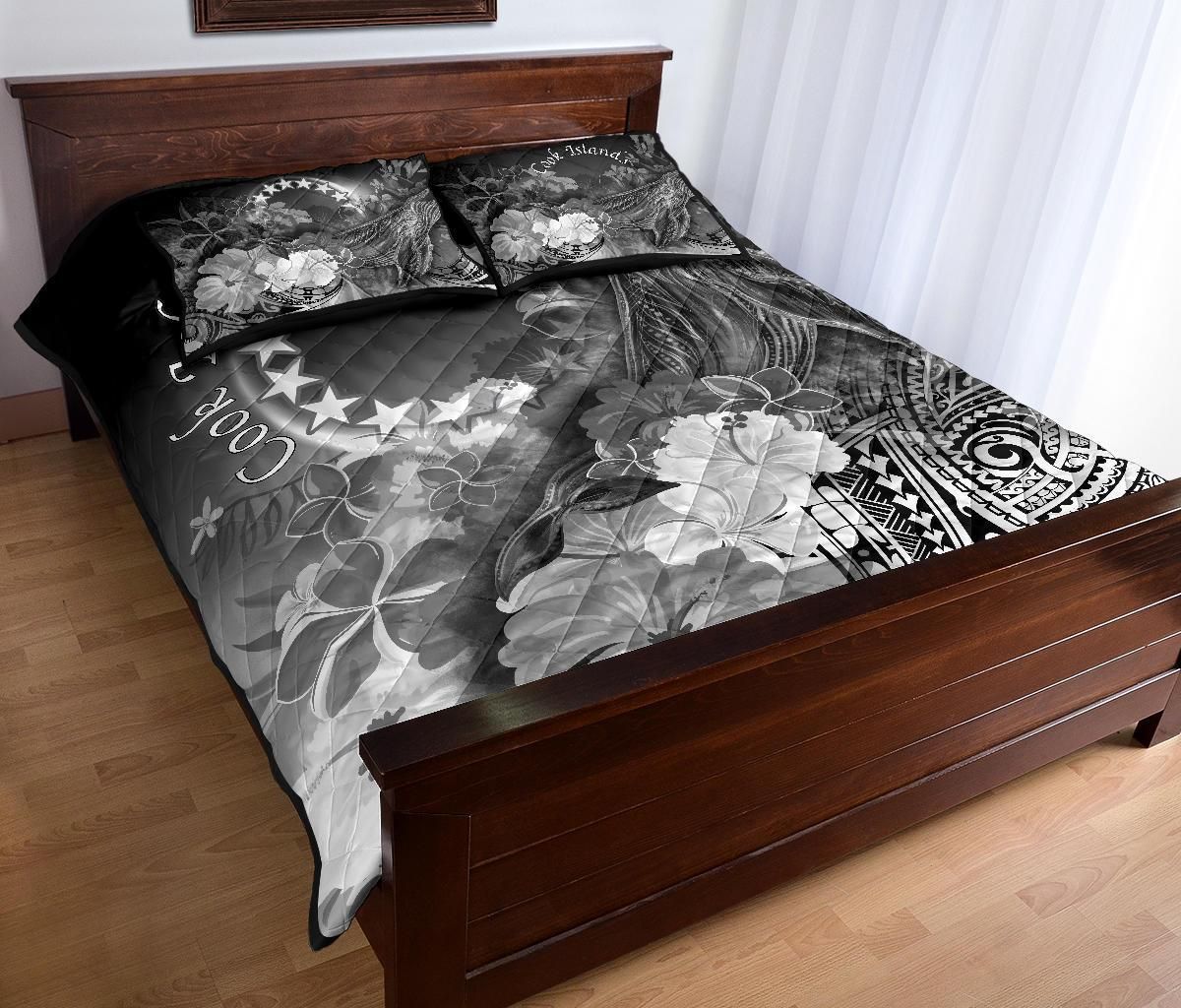 Cook Islands Quilt Bed Set - Humpback Whale with Tropical Flowers (White)