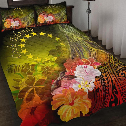 Cook Islands Quilt Bed Set - Humpback Whale with Tropical Flowers (Yellow)