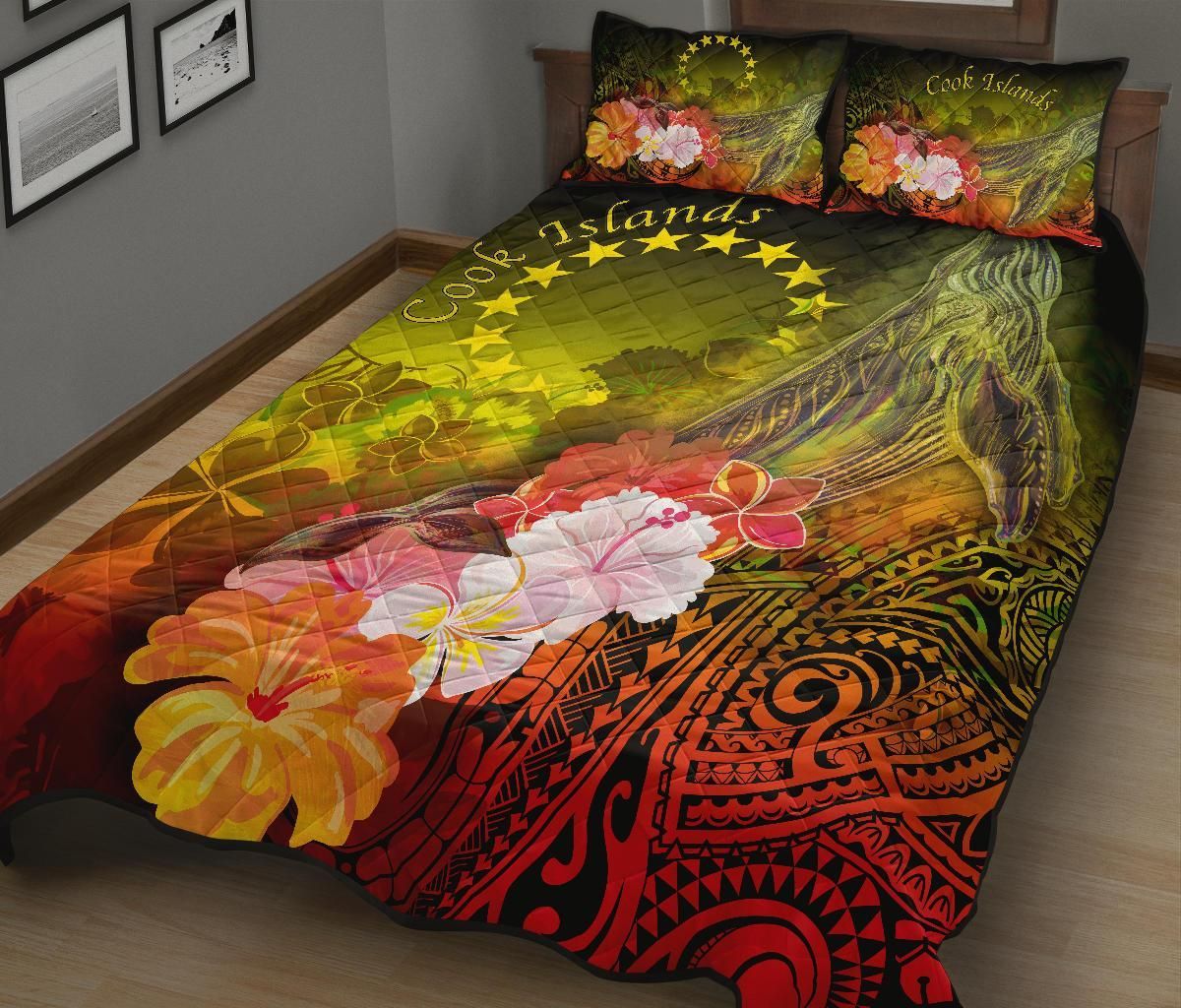 Cook Islands Quilt Bed Set - Humpback Whale with Tropical Flowers (Yellow)