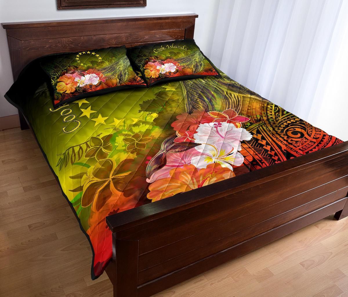 Cook Islands Quilt Bed Set - Humpback Whale with Tropical Flowers (Yellow)