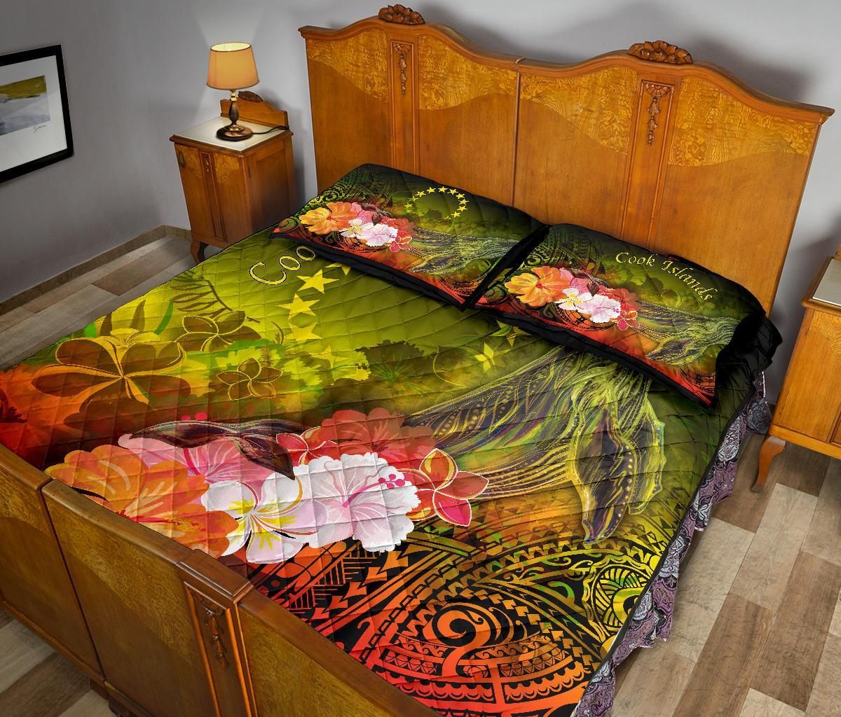 Cook Islands Quilt Bed Set - Humpback Whale with Tropical Flowers (Yellow)