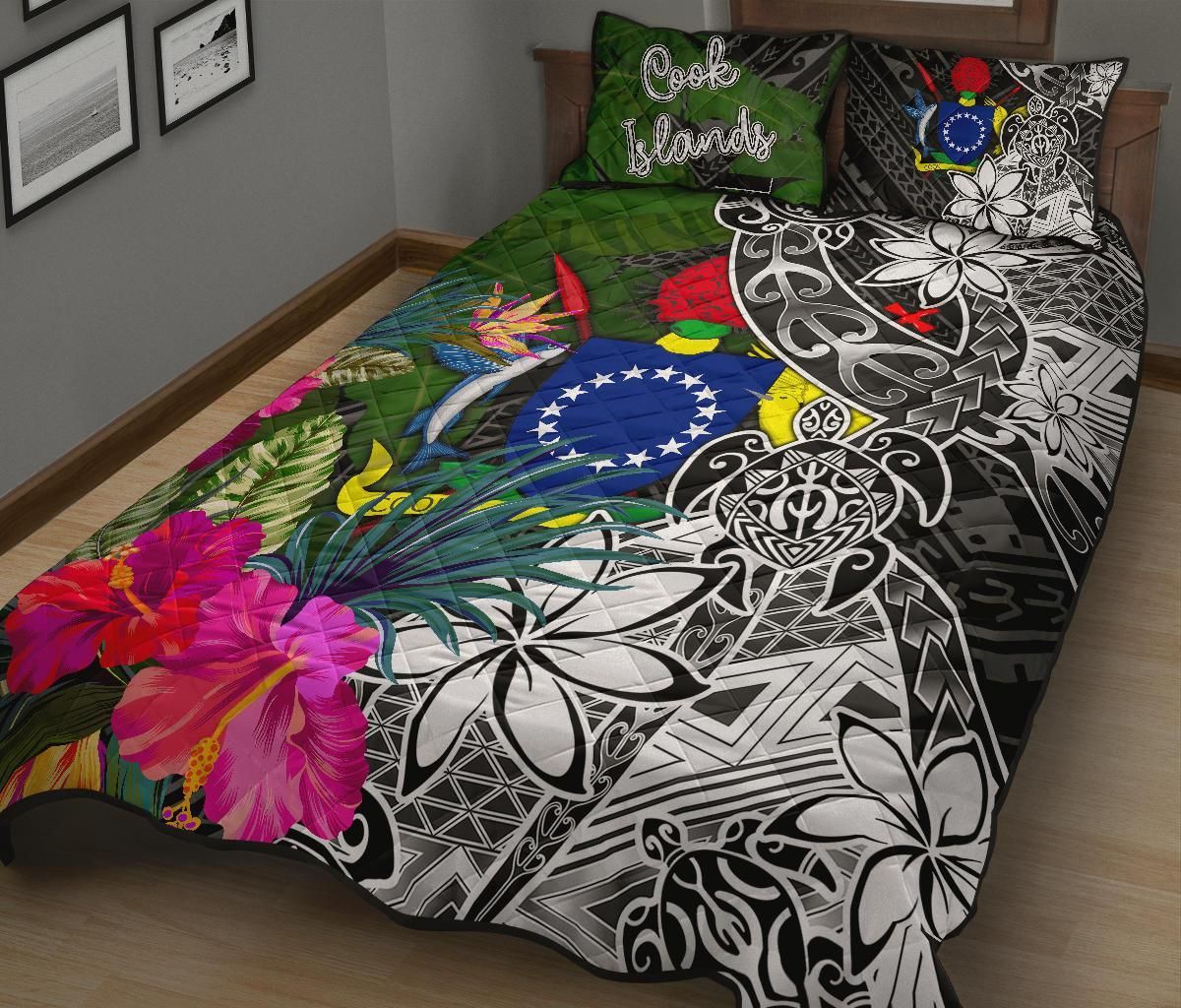 Cook Islands Quilt Bed Set - Turtle Plumeria Banana Leaf