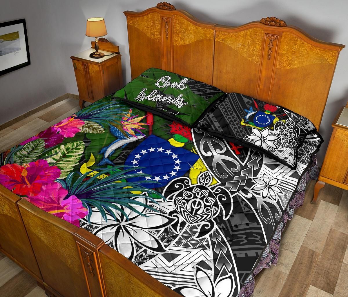 Cook Islands Quilt Bed Set - Turtle Plumeria Banana Leaf