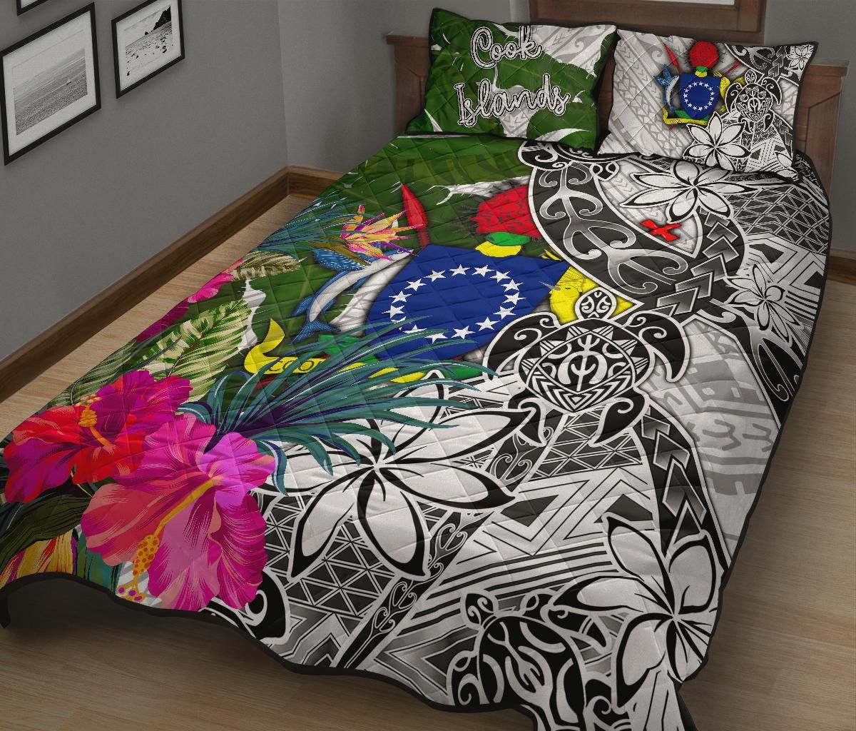 Cook Islands Quilt Bed Set White - Turtle Plumeria Banana Leaf